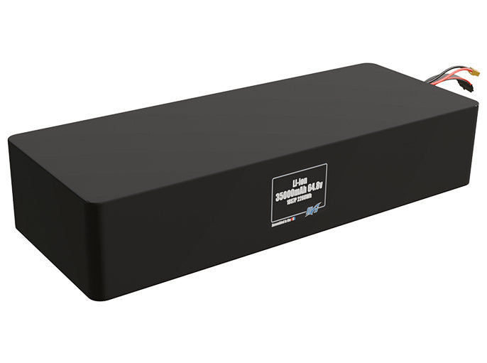 Rendered view of a slim 35000mAh Lithium-Ion pack, used in large UAV and defense-grade robotics projects.