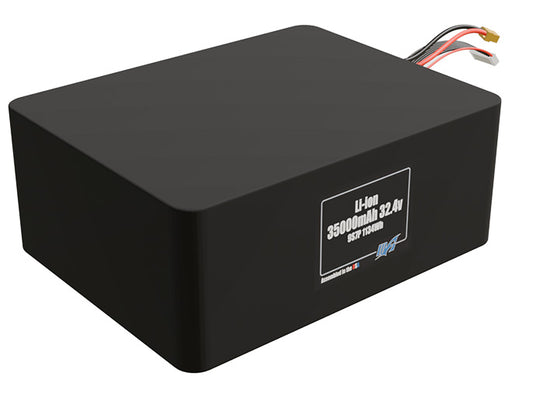 Rendered view of a slim 35000mAh Lithium-Ion pack, used in large UAV and defense-grade robotics projects.