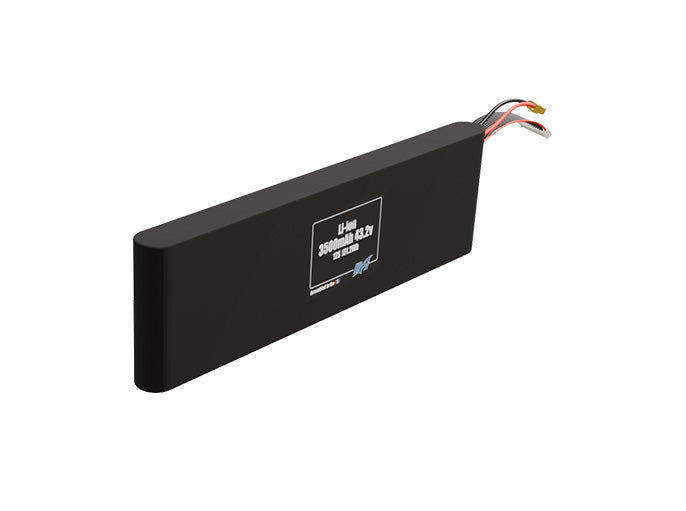 Rendered view of a slim 3500mAh Li-ion pack, used in small UAV and defense-grade robotics projects.