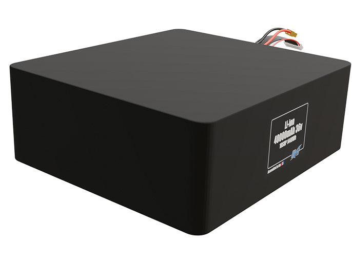Rendered view of a slim 40000mAh Lithium-Ion pack, used in large UAV and defense-grade robotics projects.