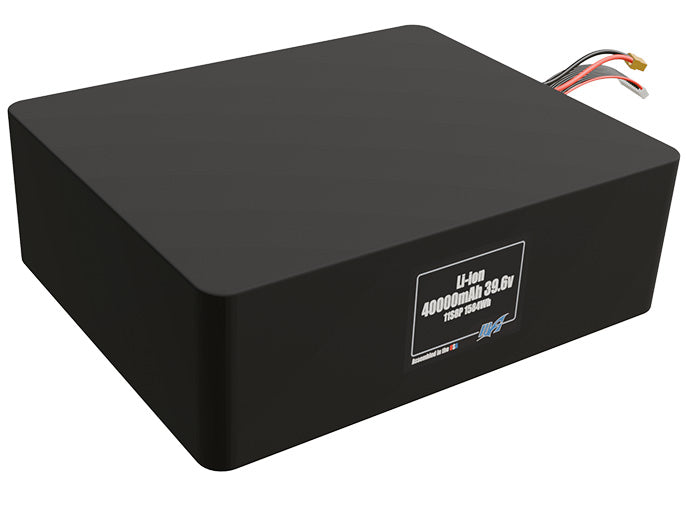 Rendered view of a slim 40000mAh Lithium-Ion pack, used in large UAV and defense-grade robotics projects.