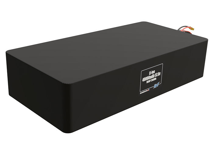 Rendered view of a slim 40000mAh Lithium-Ion pack, used in large UAV and defense-grade robotics projects.