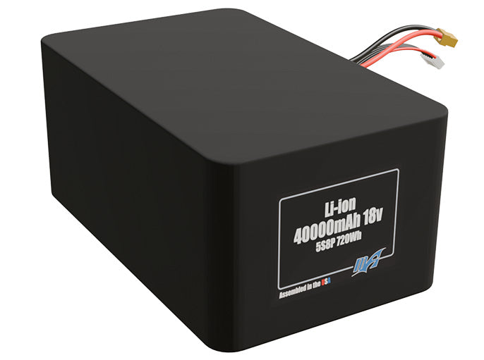Rendered view of a slim 40000mAh Lithium-Ion pack, used in large UAV and defense-grade robotics projects.