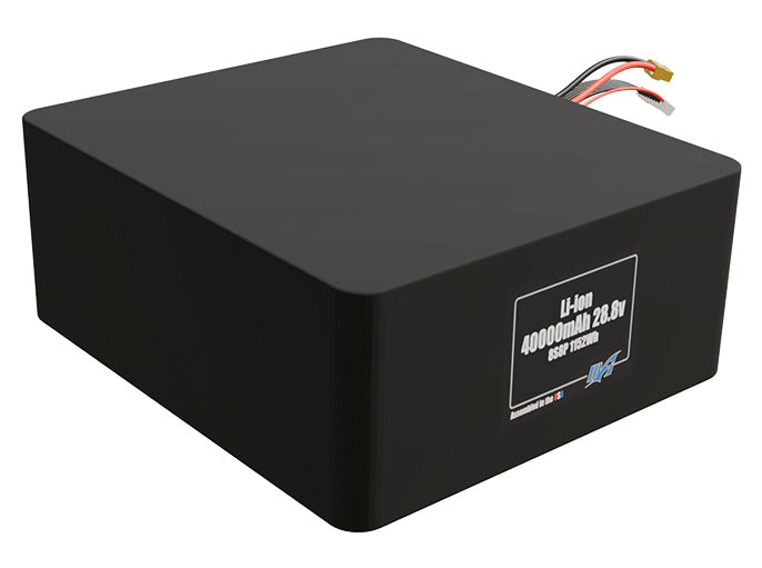 Rendered view of a slim 40000mAh Lithium-Ion pack, used in large UAV and defense-grade robotics projects.