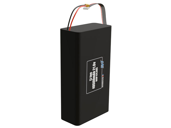 Rendered view of a slim 40500mAh Lithium-Ion pack, used in large UAV and defense-grade robotics projects.