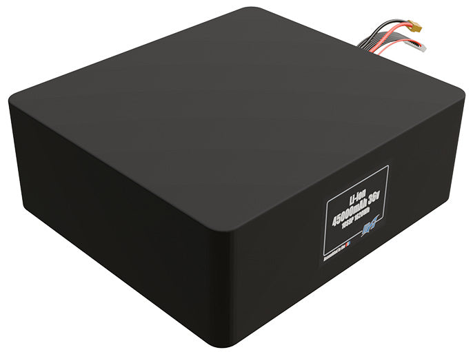 Rendered view of a slim 45000mAh Lithium-Ion pack, used in large UAV and defense-grade robotics projects.