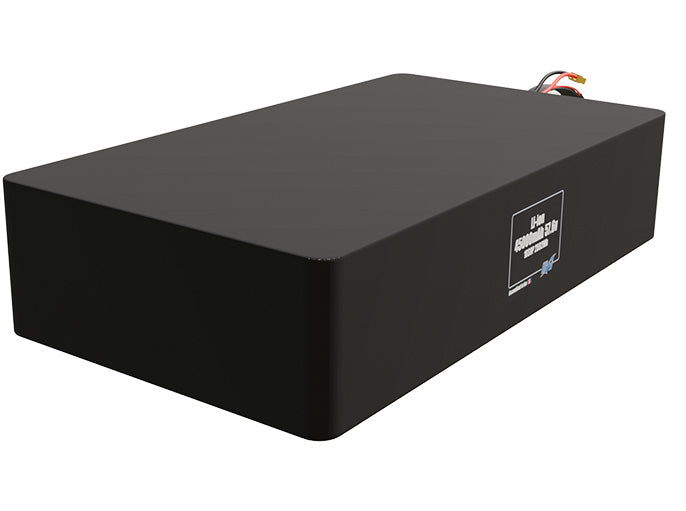 Rendered view of a slim 45000mAh Lithium-Ion pack, used in large UAV and defense-grade robotics projects.