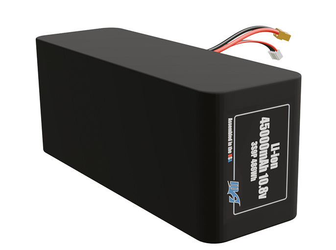 Rendered view of a slim 45000mAh Lithium-Ion pack, used in large UAV and defense-grade robotics projects.