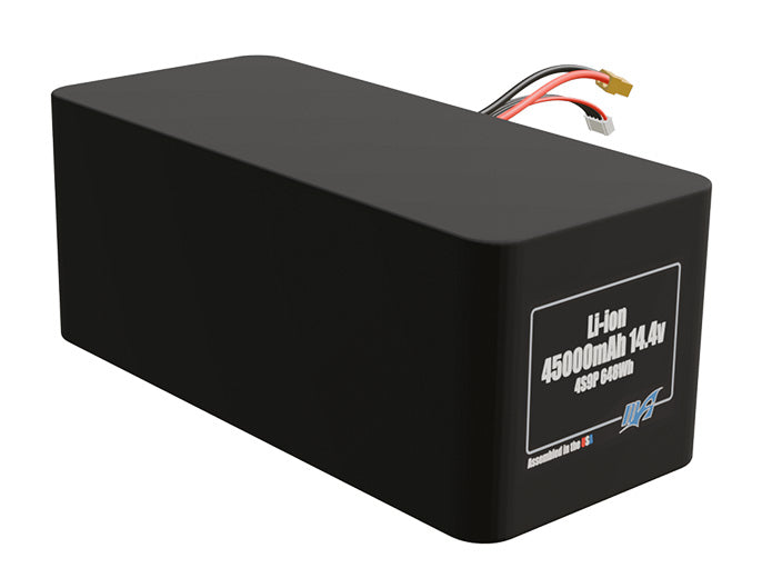 Rendered view of a slim 45000mAh Lithium-Ion pack, used in large UAV and defense-grade robotics projects.