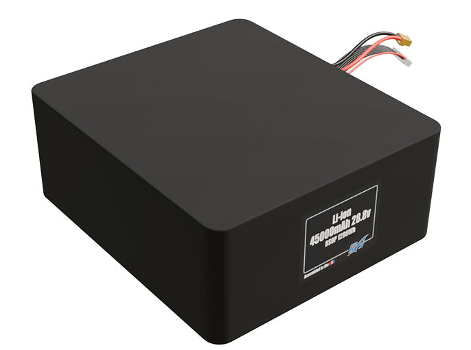 Rendered view of a slim 45000mAh Lithium-Ion pack, used in large UAV and defense-grade robotics projects.