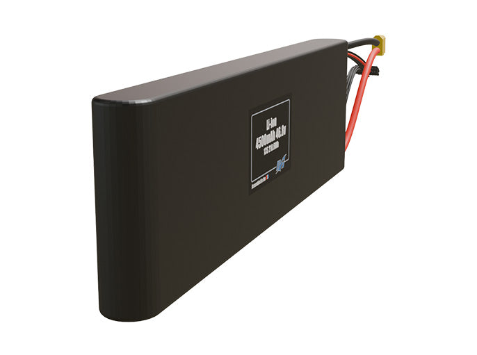 Rendered view of a slim 4500mAh Li-ion pack, used in small UAV and defense-grade robotics projects.