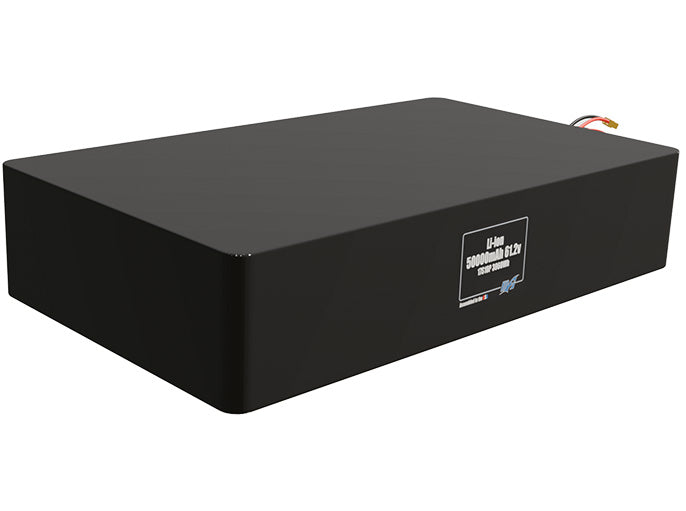 Rendered view of a slim 50000mAh Lithium-Ion pack, used in large UAV and defense-grade robotics projects.