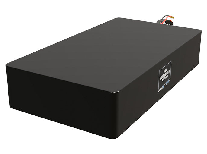 Rendered view of a slim 50000mAh Lithium-Ion pack, used in large UAV and defense-grade robotics projects.