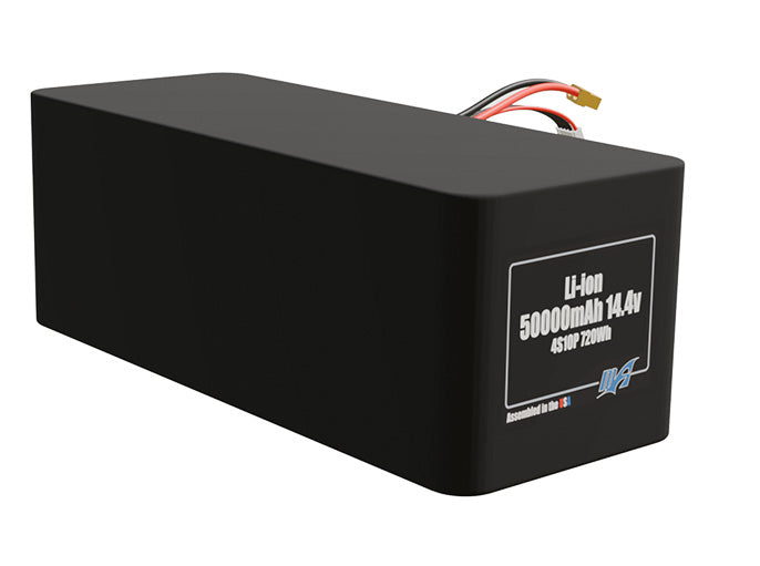 Rendered view of a slim 50000mAh Lithium-Ion pack, used in large UAV and defense-grade robotics projects.