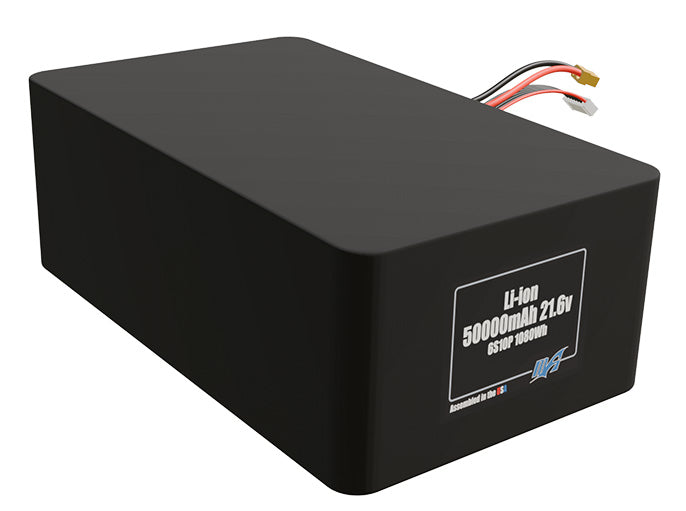Rendered view of a slim 50000mAh Lithium-Ion pack, used in large UAV and defense-grade robotics projects.