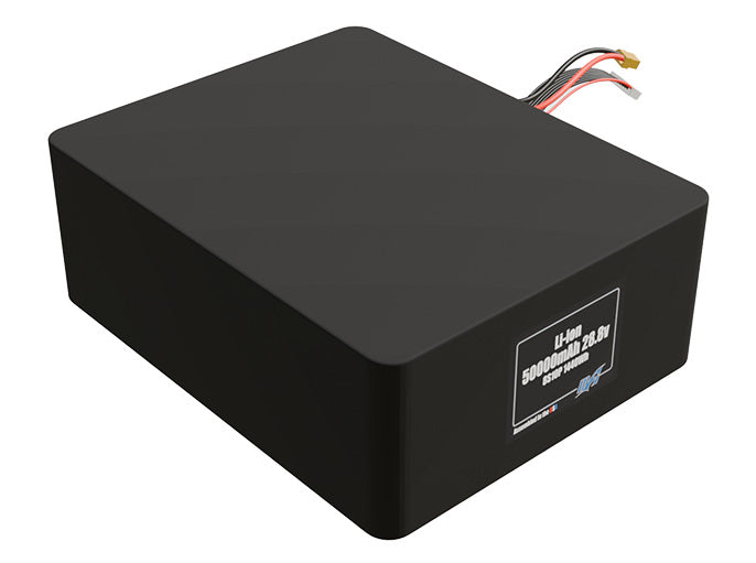 Rendered view of a slim 50000mAh Lithium-Ion pack, used in large UAV and defense-grade robotics projects.
