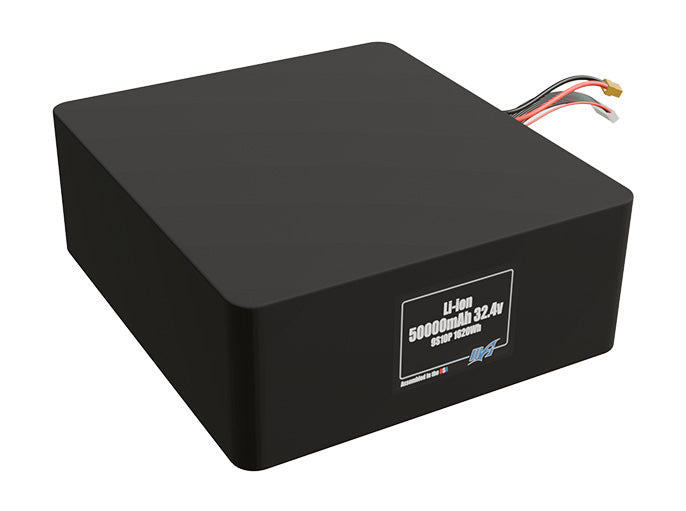 Rendered view of a slim 50000mAh Lithium-Ion pack, used in large UAV and defense-grade robotics projects.