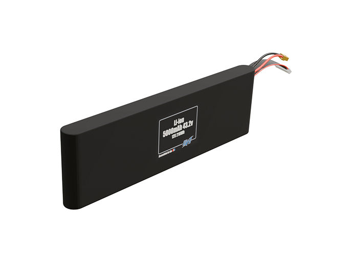 Rendered view of a slim 5000mAh Li-ion pack, used in small UAV and defense-grade robotics projects.