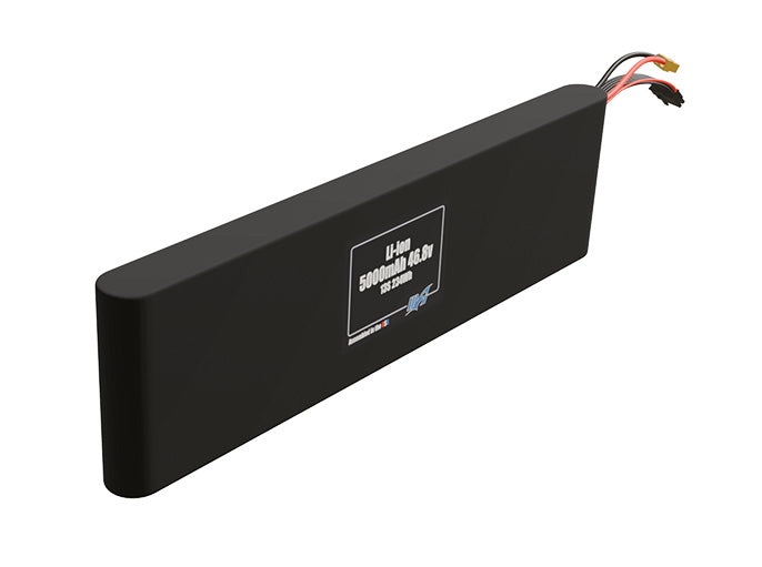 Rendered view of a slim 5000mAh Li-ion pack, used in small UAV and defense-grade robotics projects.