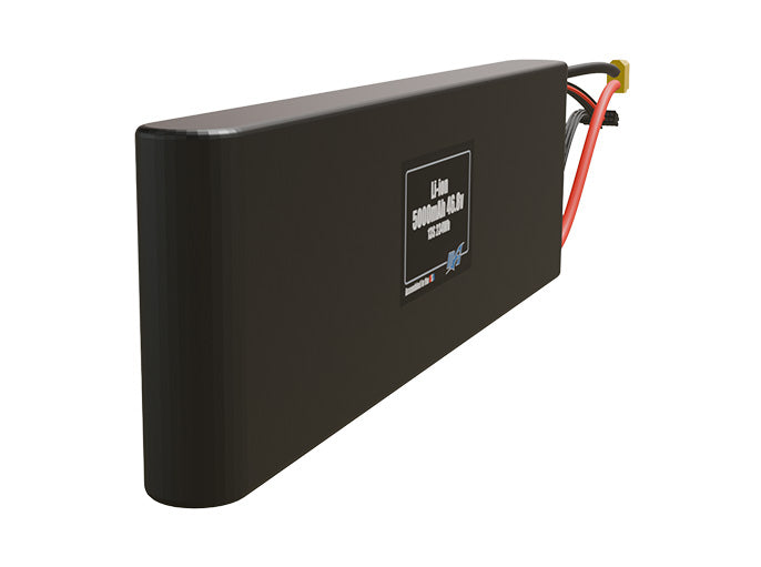 Rendered view of a slim 5000mAh Li-ion pack, used in small UAV and defense-grade robotics projects.