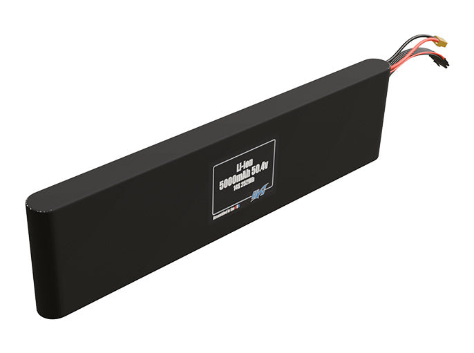 Rendered view of a slim 5000mAh Li-ion pack, used in small UAV and defense-grade robotics projects.