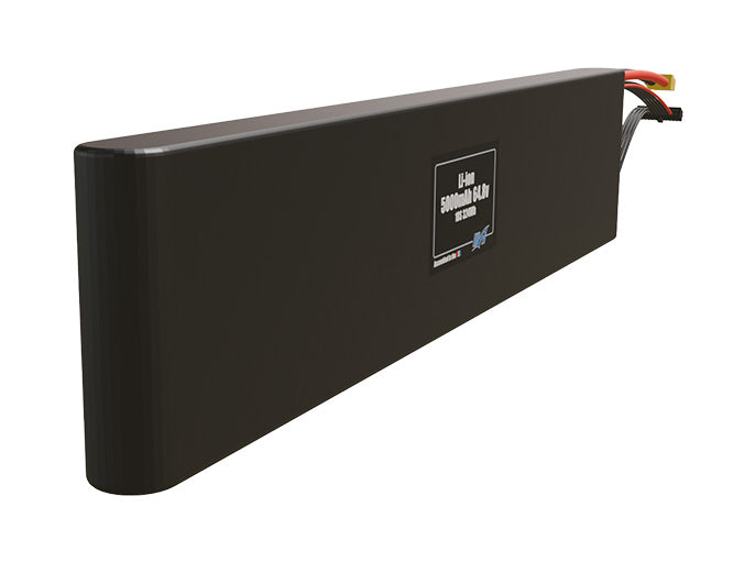Rendered view of a slim 5000mAh Li-ion pack, used in small UAV and defense-grade robotics projects.