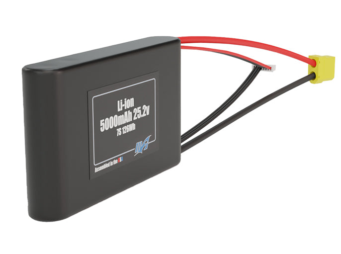 Rendered view of a slim 5000mAh Li-ion pack, used in small UAV and defense-grade robotics projects.