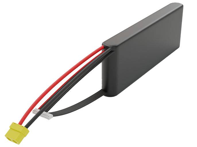 Rendered view of a slim 6000mAh Li-ion pack, used in small UAV and defense-grade robotics projects.