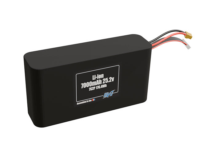 Rendered view of a slim 7000mAh Li-ion pack, used in small UAV and defense-grade robotics projects.