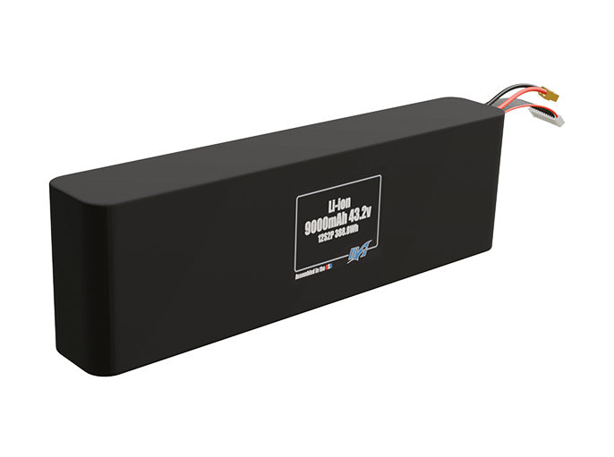 Rendered view of a slim 9000mAh Li-ion pack, used in small UAV and defense-grade robotics projects.