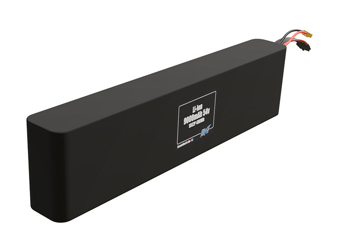 Rendered view of a slim 9000mAh Li-ion pack, used in small UAV and defense-grade robotics projects.