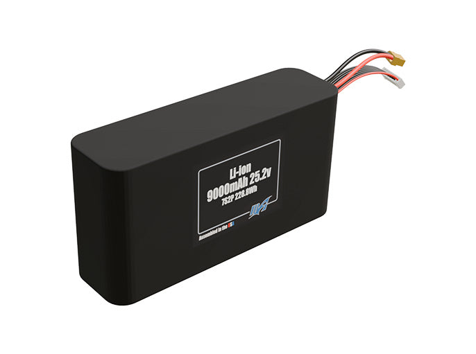Rendered view of a slim 9000mAh Li-ion pack, used in small UAV and defense-grade robotics projects.