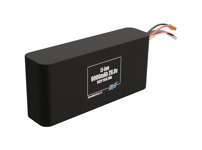 Rendered view of a slim 9000mAh Li-ion pack, used in small UAV and defense-grade robotics projects.