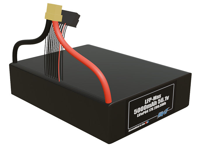 Rendered view of a slim 5000mAh LFP-Max LiFePO4 pack, used in large UAV and defense-grade robotics projects.