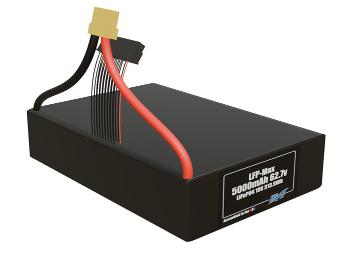 Rendered view of a slim 5000mAh LFP-Max LiFePO4 pack, used in large UAV and defense-grade robotics projects.