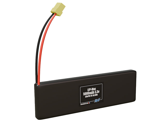 Rendered view of a slim 5000mAh LFP-Max LiFePO4 pack, used in large UAV and defense-grade robotics projects.