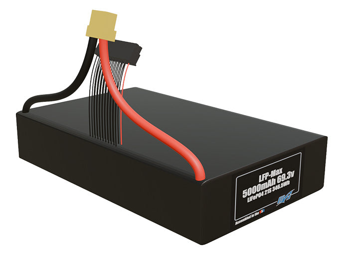 Rendered view of a slim 5000mAh LFP-Max LiFePO4 pack, used in large UAV and defense-grade robotics projects.