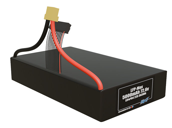 Rendered view of a slim 5000mAh LFP-Max LiFePO4 pack, used in large UAV and defense-grade robotics projects.