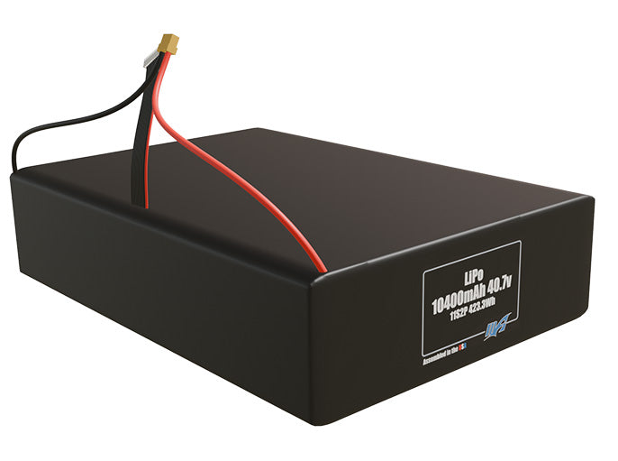 Rendered view of a slim 10400mAh LiPo pack, used in large UAV and defense-grade robotics projects.