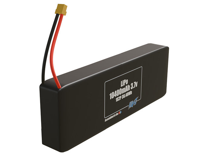 Rendered view of a slim 10400mAh LiPo pack, used in UAV and defense-grade robotics projects.