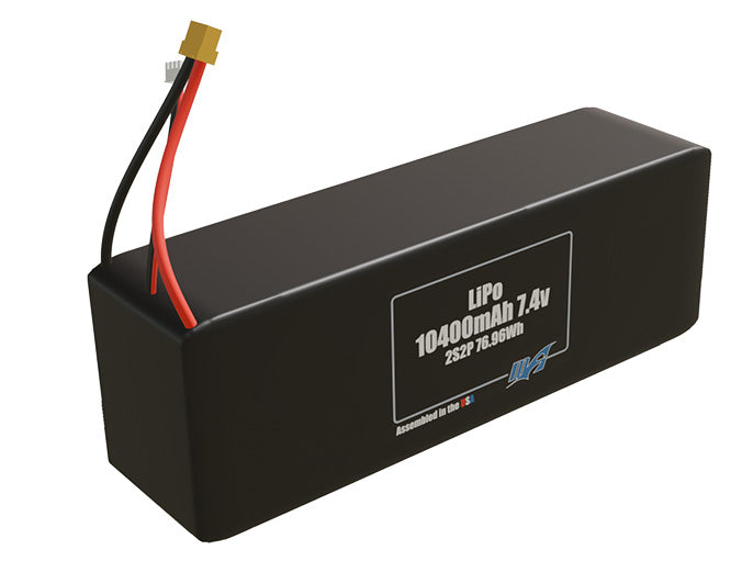 Rendered view of a slim 10400mAh LiPo pack, used in UAV and defense-grade robotics projects.