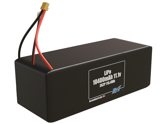 Rendered view of a slim 10400mAh LiPo pack, used in UAV and defense-grade robotics projects.