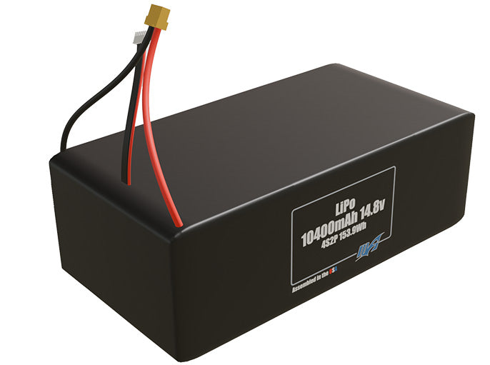 Rendered view of a slim 10400mAh LiPo pack, used in UAV and defense-grade robotics projects.
