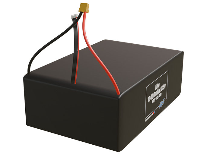 Rendered view of a slim 10400mAh LiPo pack, used in UAV and defense-grade robotics projects.