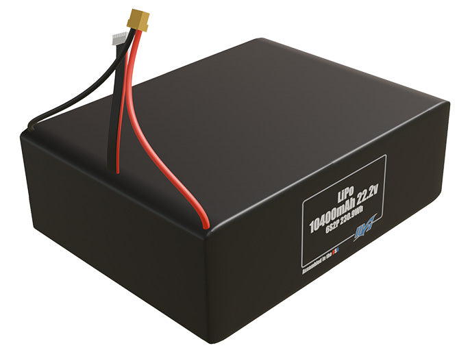 Rendered view of a slim 10400mAh LiPo pack, used in UAV and defense-grade robotics projects.