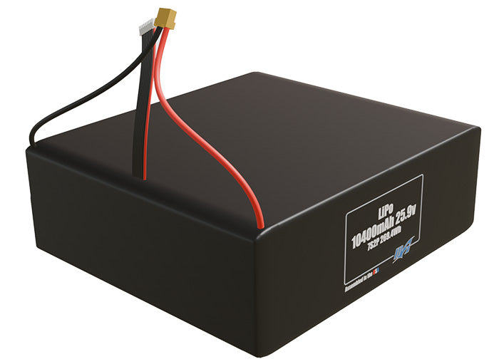 Rendered view of a slim 10400mAh LiPo pack, used in UAV and defense-grade robotics projects.