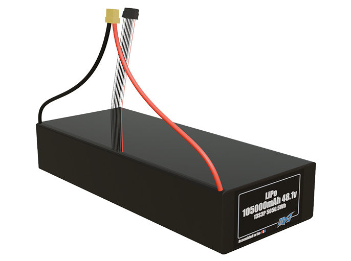 Rendered view of a slim 105000mAh LiPo pack, used in large UAV and defense-grade robotics projects.