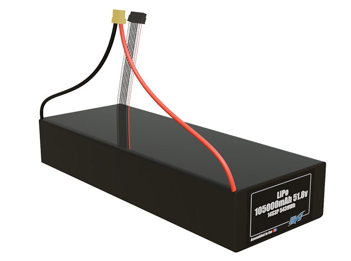 Rendered view of a slim 105000mAh LiPo pack, used in large UAV and defense-grade robotics projects.