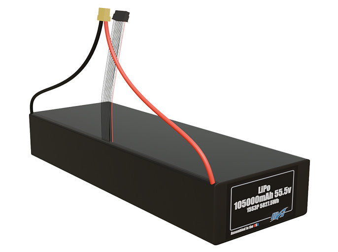 Rendered view of a slim 105000mAh LiPo pack, used in large UAV and defense-grade robotics projects.