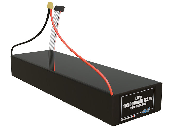 Rendered view of a slim 105000mAh LiPo pack, used in large UAV and defense-grade robotics projects.